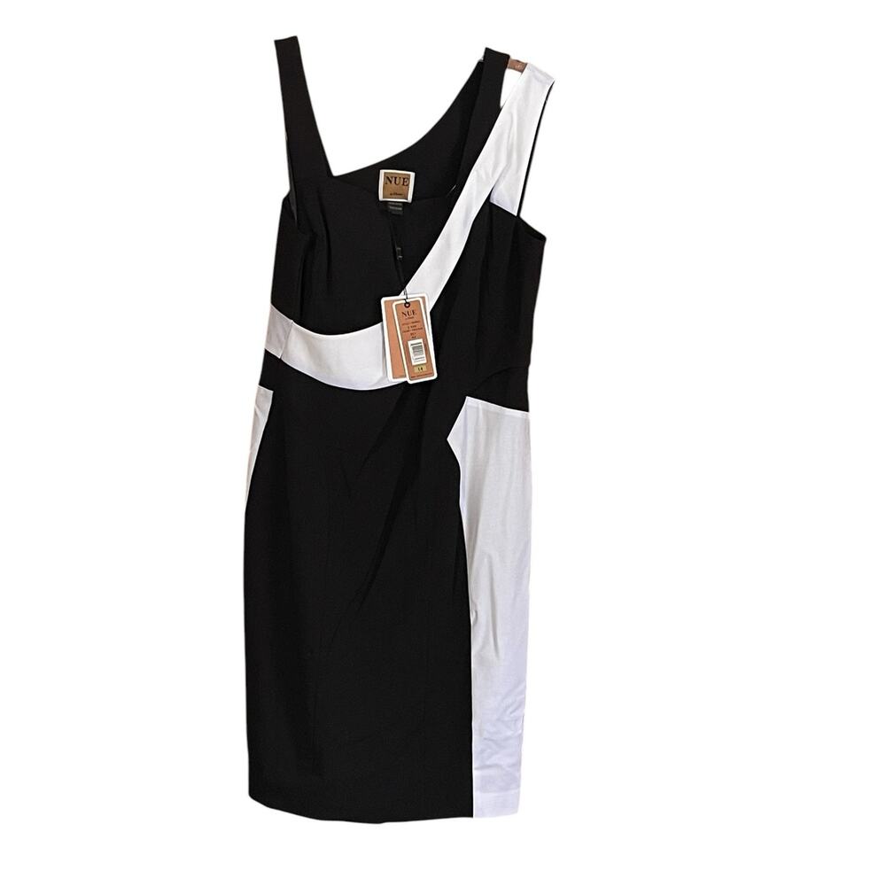 NUE by Shani Size 14 Sleeveless Black White Asymetrical Midi Dress NWT FLAWS